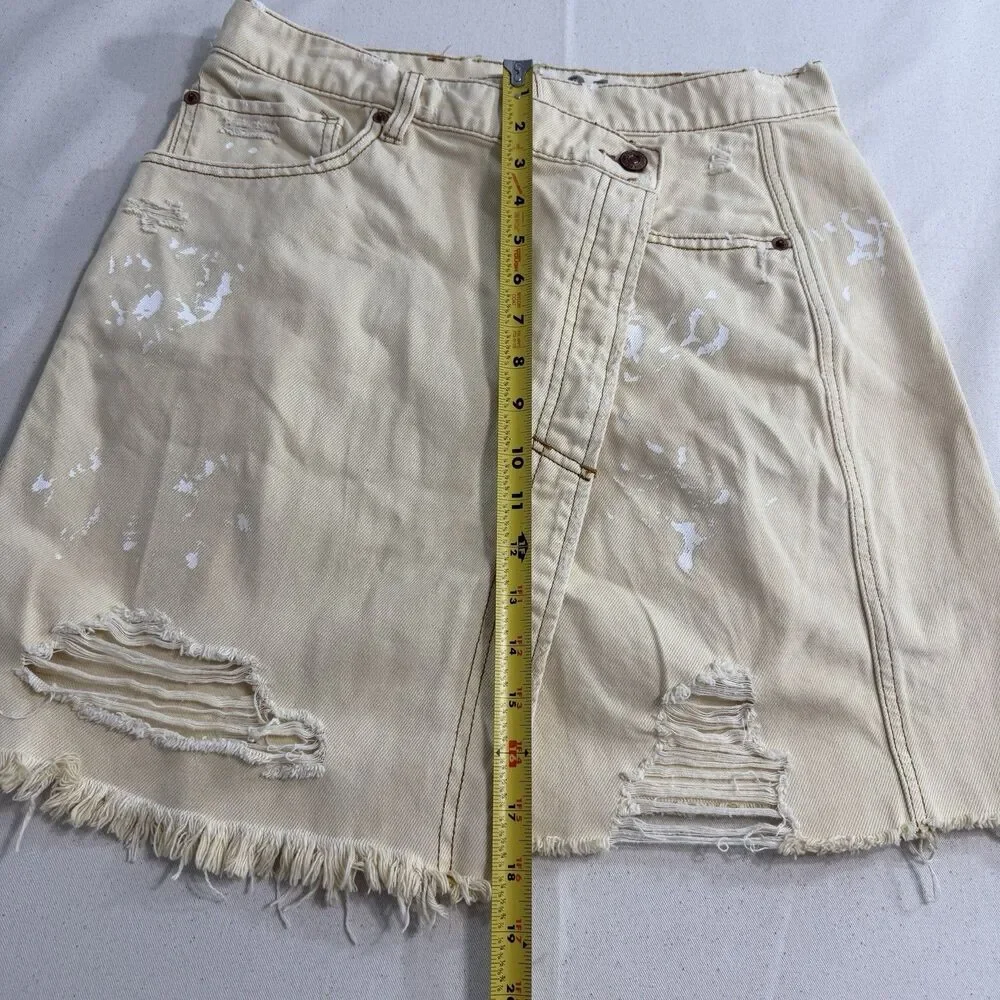 Free People Women's Butter Cream Denim Distressed Parker Wrap Skirt Size 31